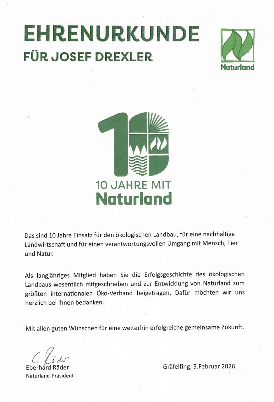 Ehrenurkunde Naturland – 10 Jahre Mitglied, Josef Drexler